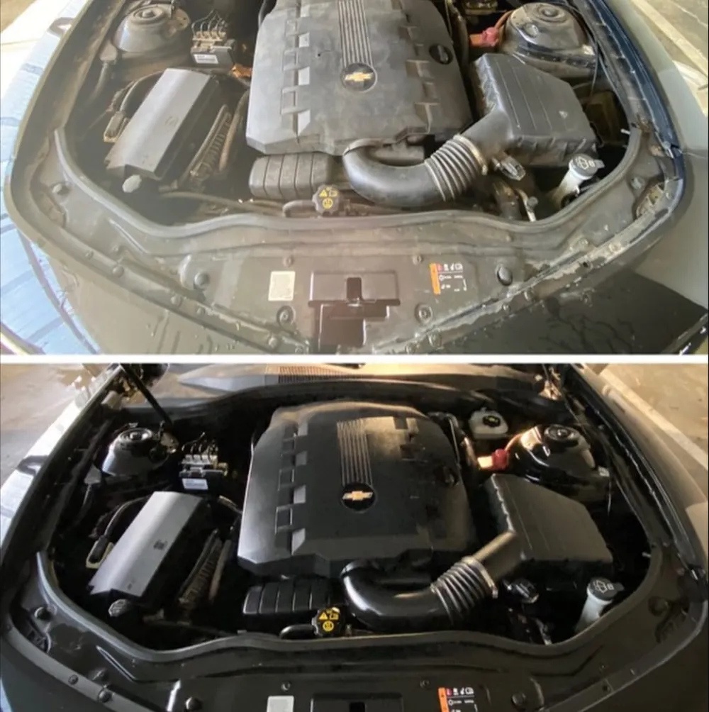 Engine bay split view, dusty before and clean after