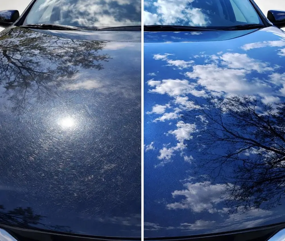 Car hood half scratched, half corrected to a mirror shine