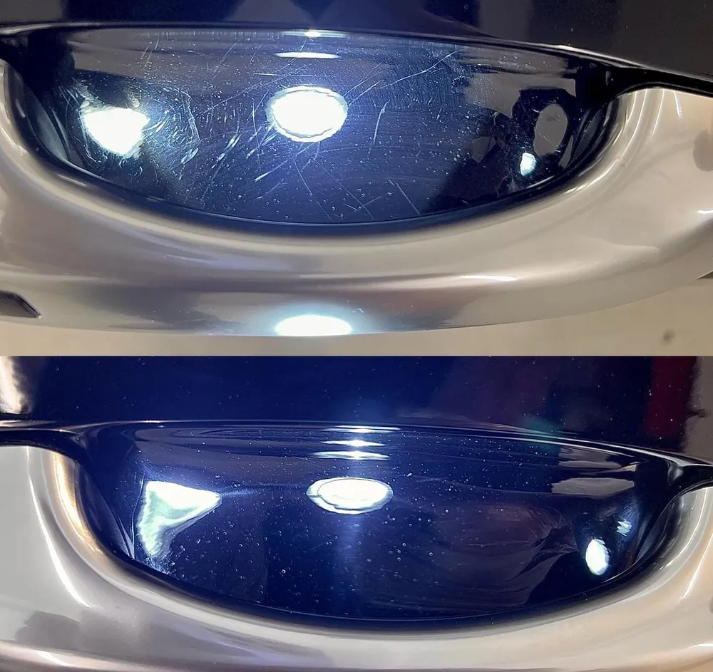 Dark paint with swirl marks on one side and a glossy finish on the other